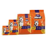 Three packages of Aleei dog food with husky images on an orange background