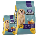 Two packages of aleef puppy dog food for large breeds on a white background