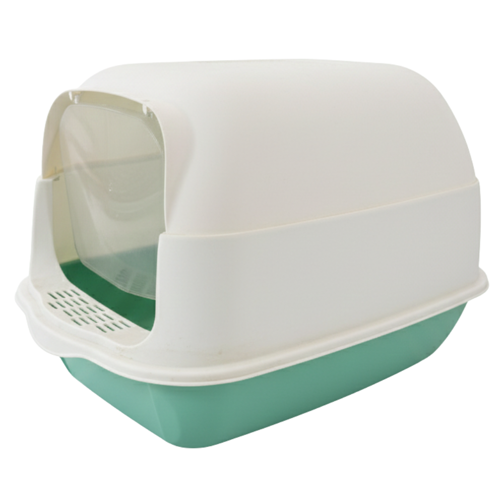 Pet litter box with a hood in green and white on a white background