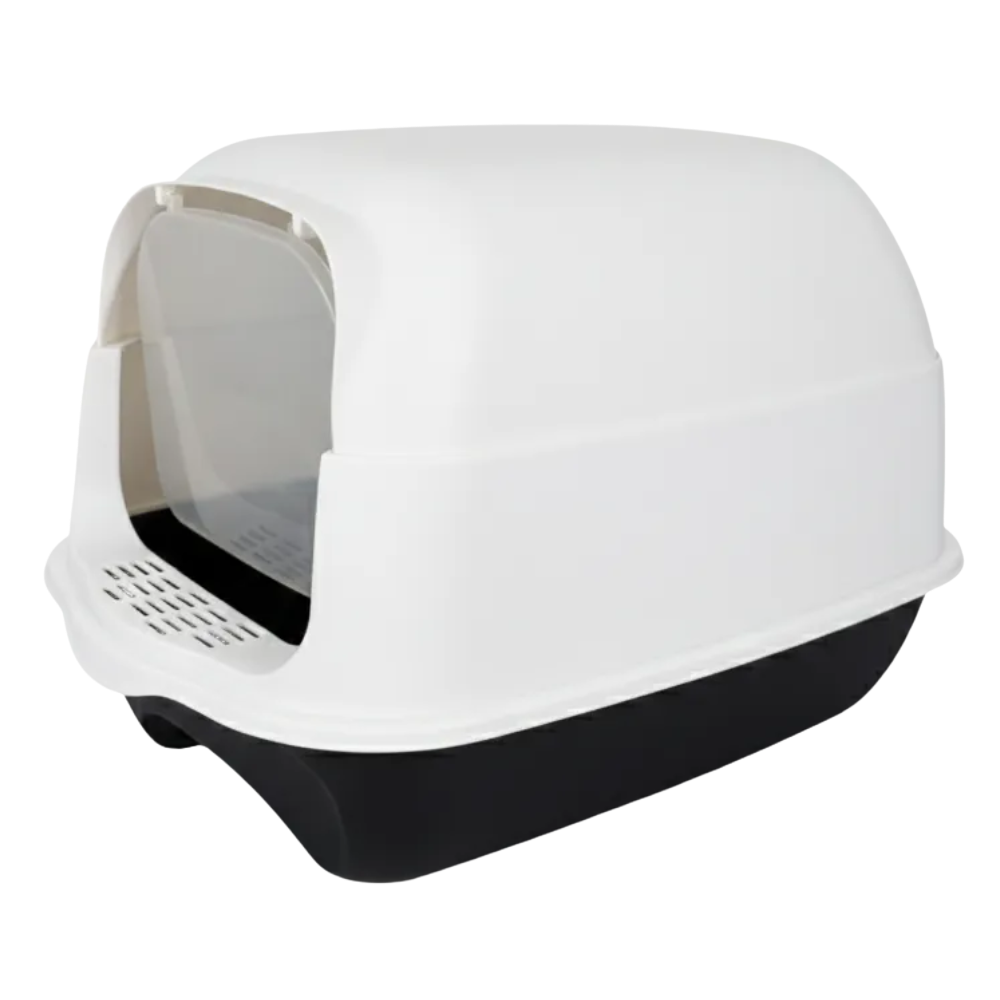 White and black pet litter box on a white background
