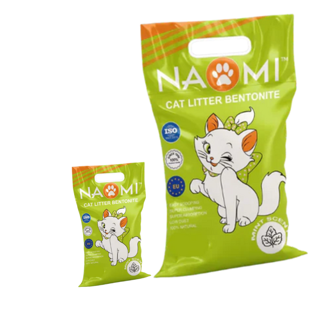 Green package of NaMi cat litter with a cartoon cat on a white background