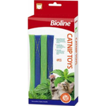 Bioline catnip toys packaging with green and blue catnip sticks and a kitten on a white background.