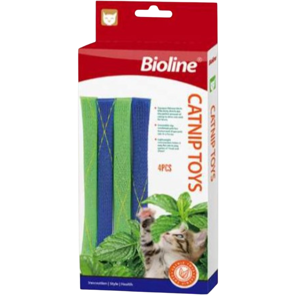 Bioline catnip toys packaging with green and blue catnip sticks and a kitten on a white background.