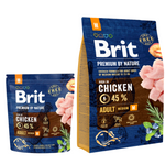 Two packages of Brit Premium by Nature dog food with chicken on a white background