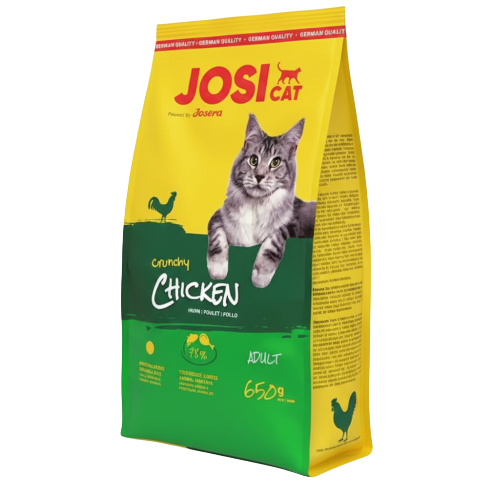 Bag of Josi Cat crunchy chicken cat food on a white background