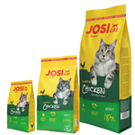Three packages of Josi Cat dry cat food with different sizes on a white background