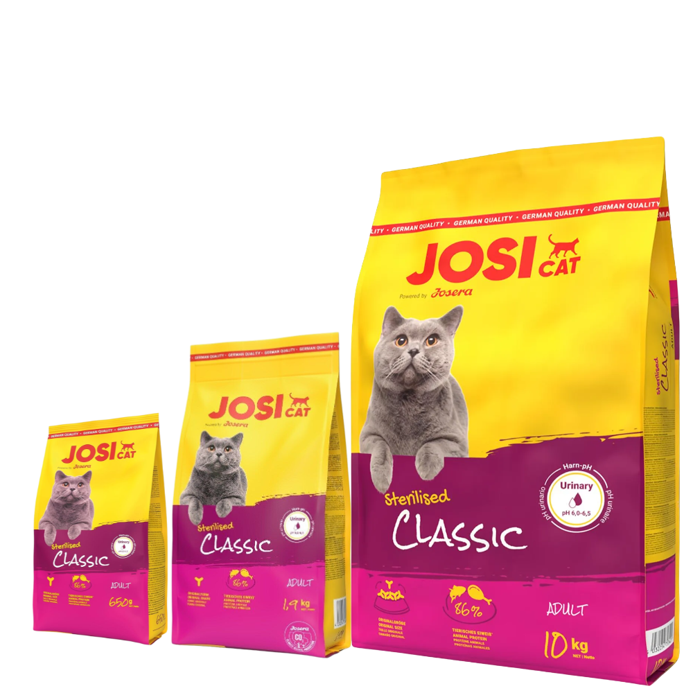 Three Josi Cat food packages on a white background
