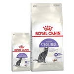 Two bags of Royal Canin Sterilised cat food on a white background