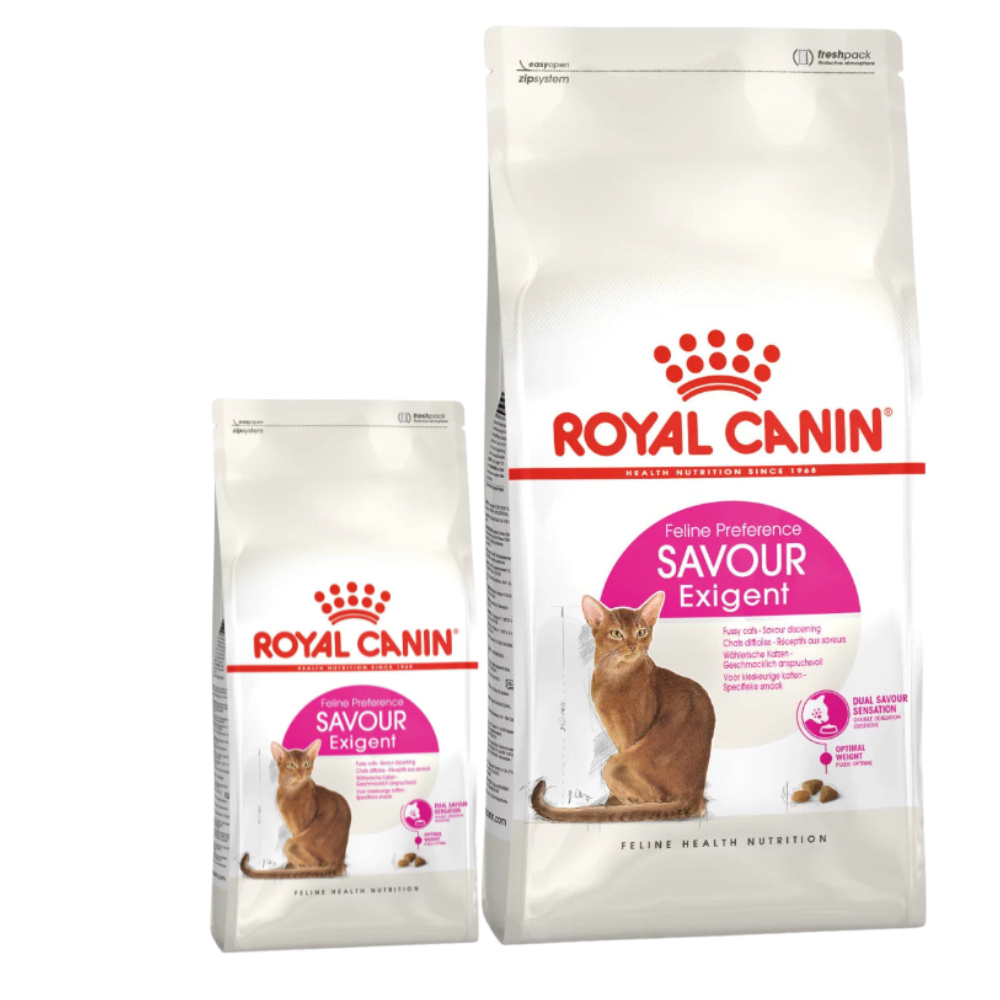 Two bags of Royal Canin Savour Exigent cat food on a white background