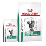 Two bags of Royal Canin Veterinary Diet Satiety Weight Management cat food on a white background