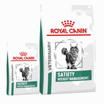 Two bags of Royal Canin Veterinary Diet Satiety Weight Management cat food on a white background