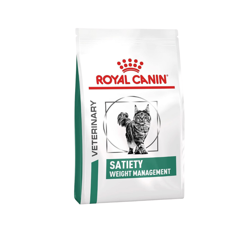 Royal Canin Veterinary Diet Satiety Weight Management cat food bag on a white background