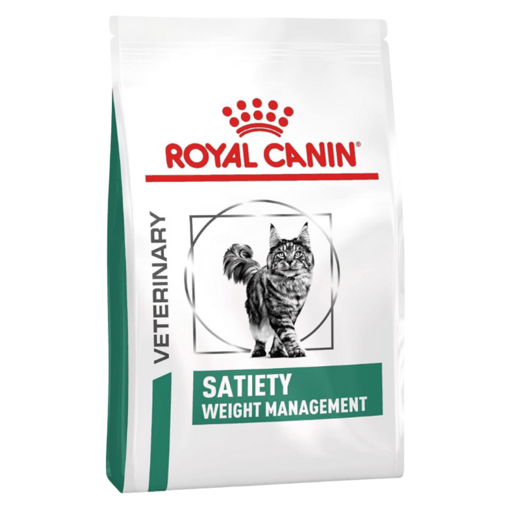 Royal Canin Veterinary Diet Satiety Weight Management cat food bag on a white background