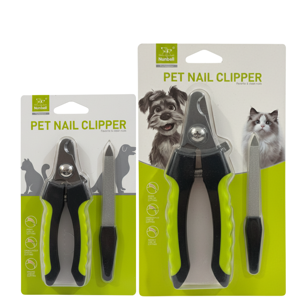 Pet nail clippers with packaging featuring images of a dog and a cat on a white background.