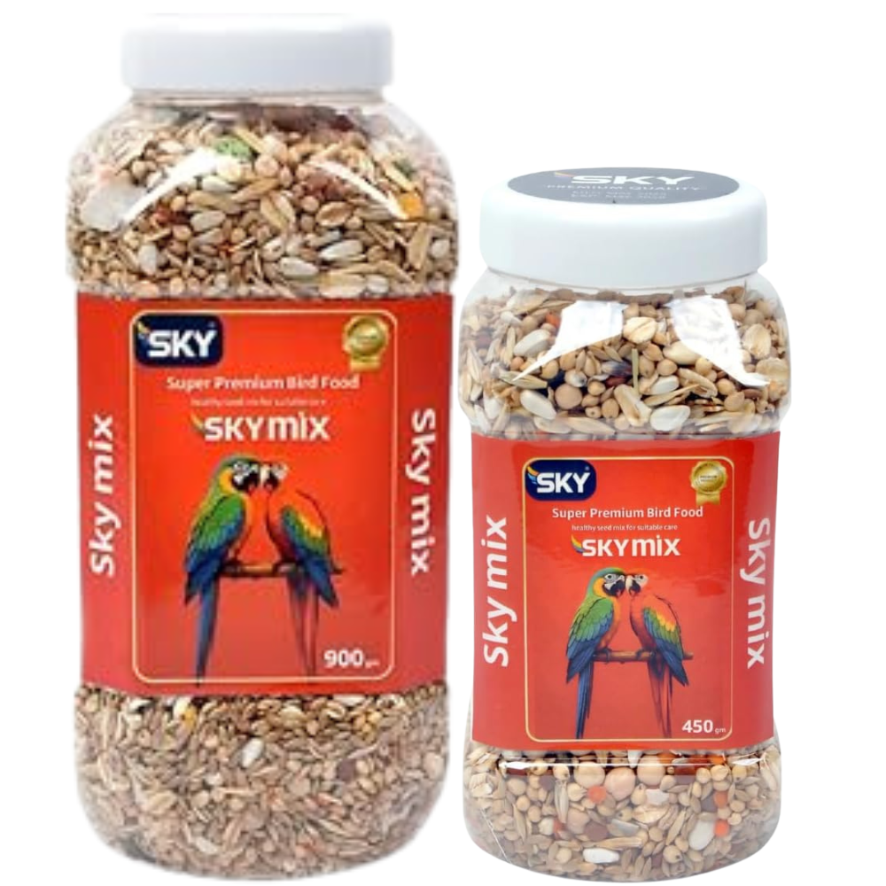 Two jars of Sky Mix bird food on a white background