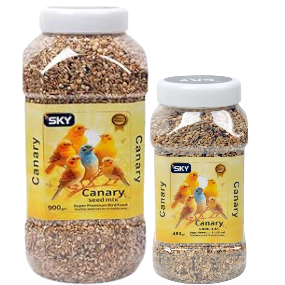 Two jars of SKY Canary seed mix on a white background