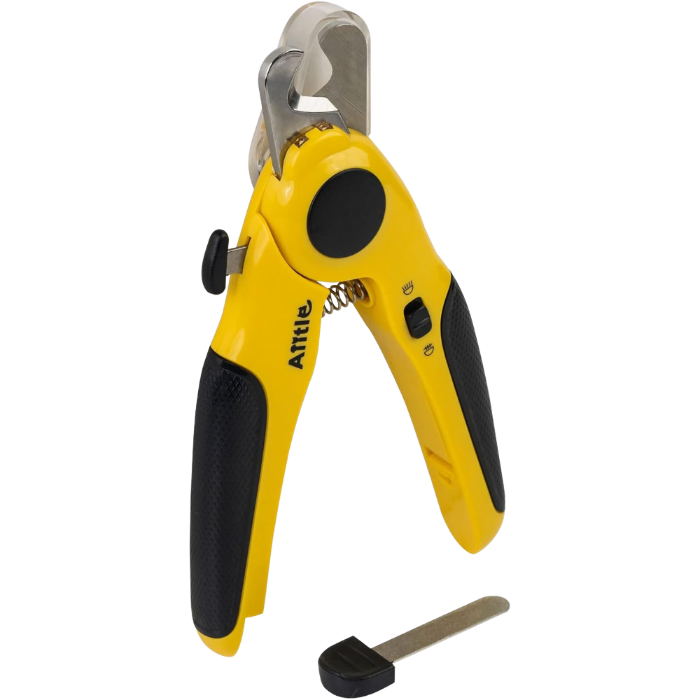 Yellow and black wire stripper with a small black tool on a white background
