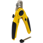 Yellow and black wire stripper with a small black tool on a white background
