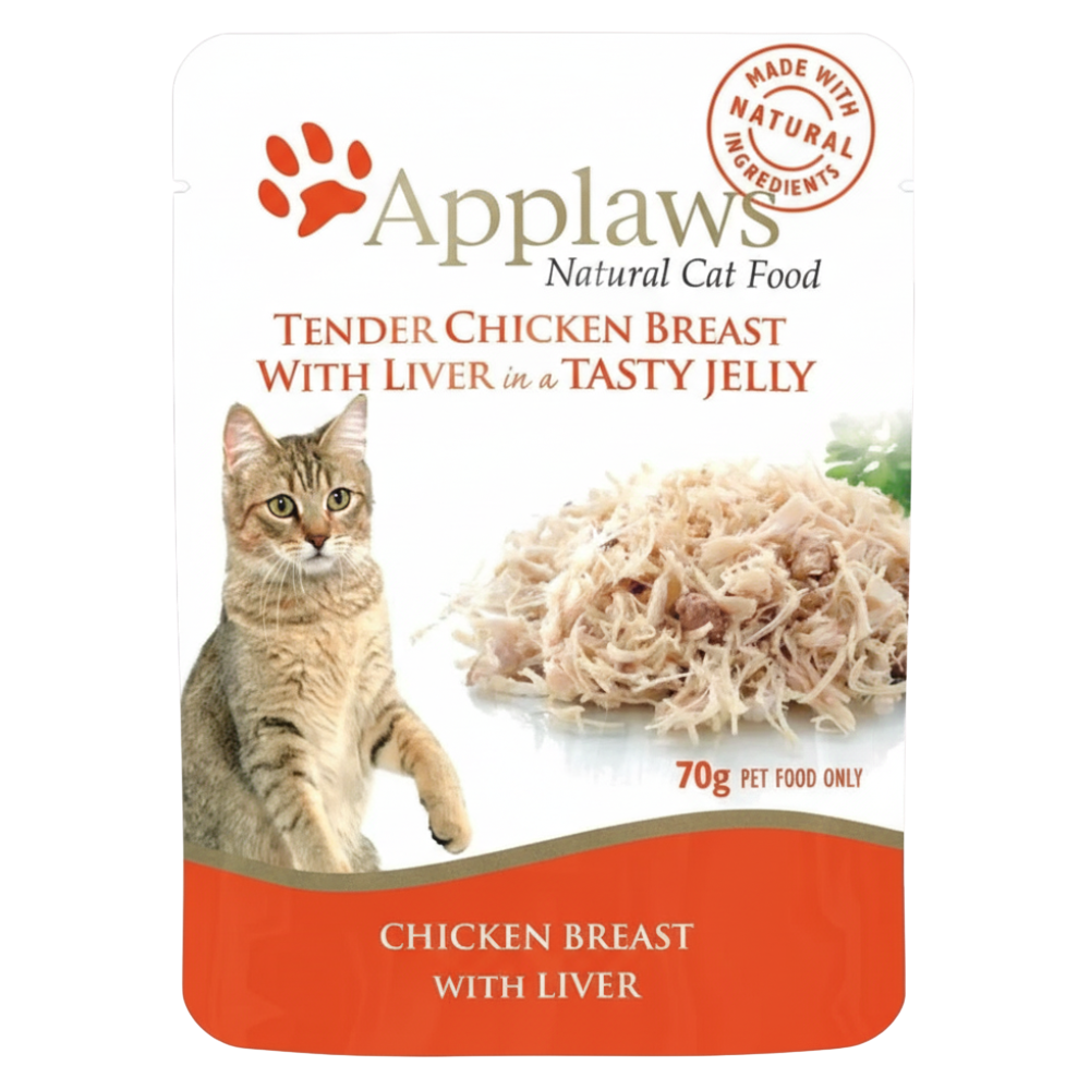 Applaws natural cat food pouch with chicken breast and liver in jelly on a white background