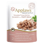 Applaws cat food pouch with tuna and salmon in jelly on a white background