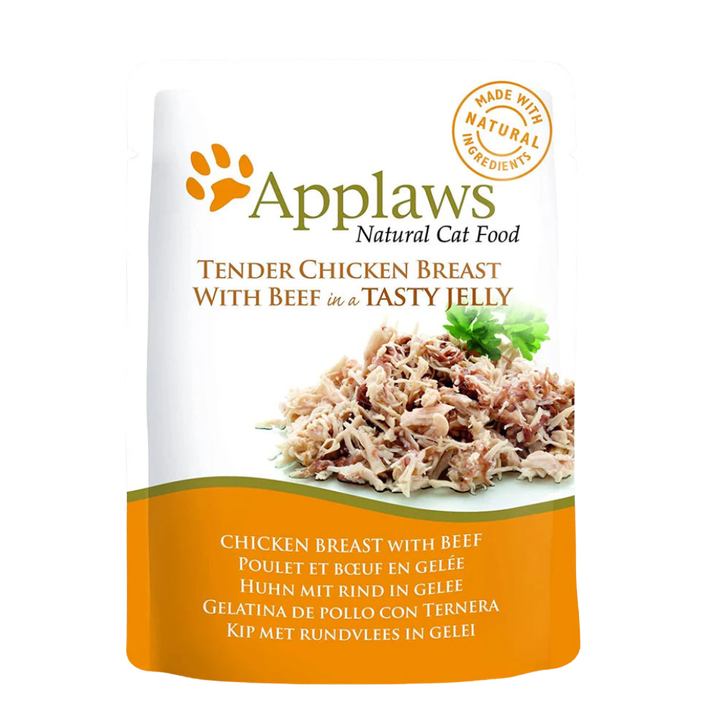App laws cat food packaging with chicken and beef in jelly on a white background