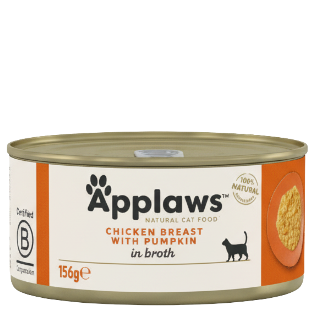 Can of Applaws chicken breast with pumpkin cat food on a white background
