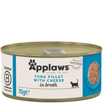 Can of Applaws tuna fillet with cheese cat food on a white background