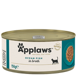 Can of Applaws ocean fish in broth cat food on a white background