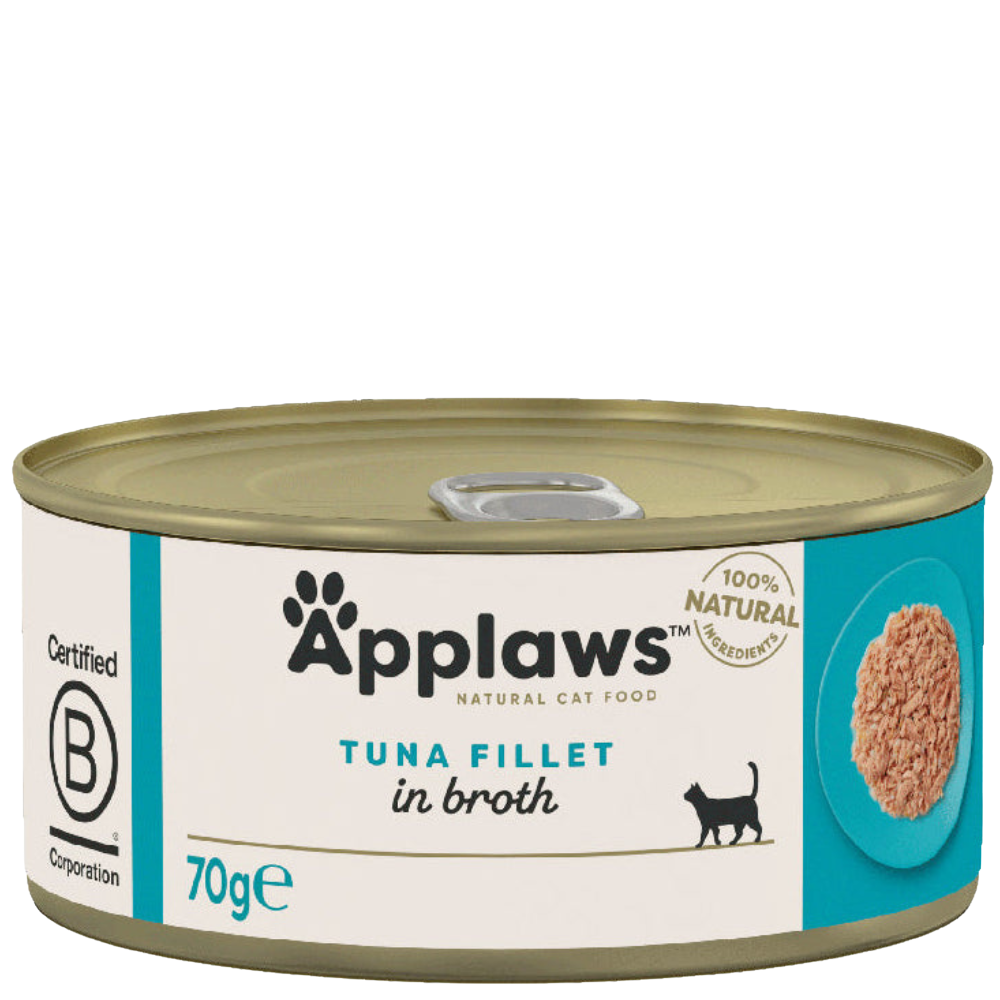 Can of Applaws Tuna Fillet in Broth cat food on a white background