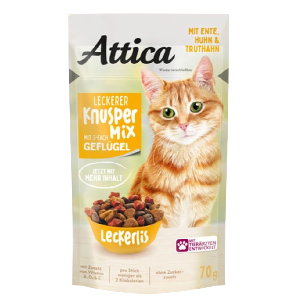 Attica cat food package with a cat on the front, featuring text in German about the product.