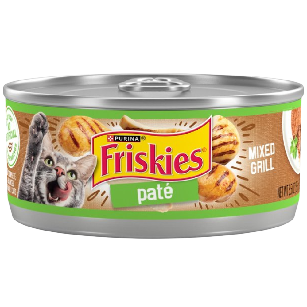 Can of Friskies Mixed Grill páté cat food on a white background