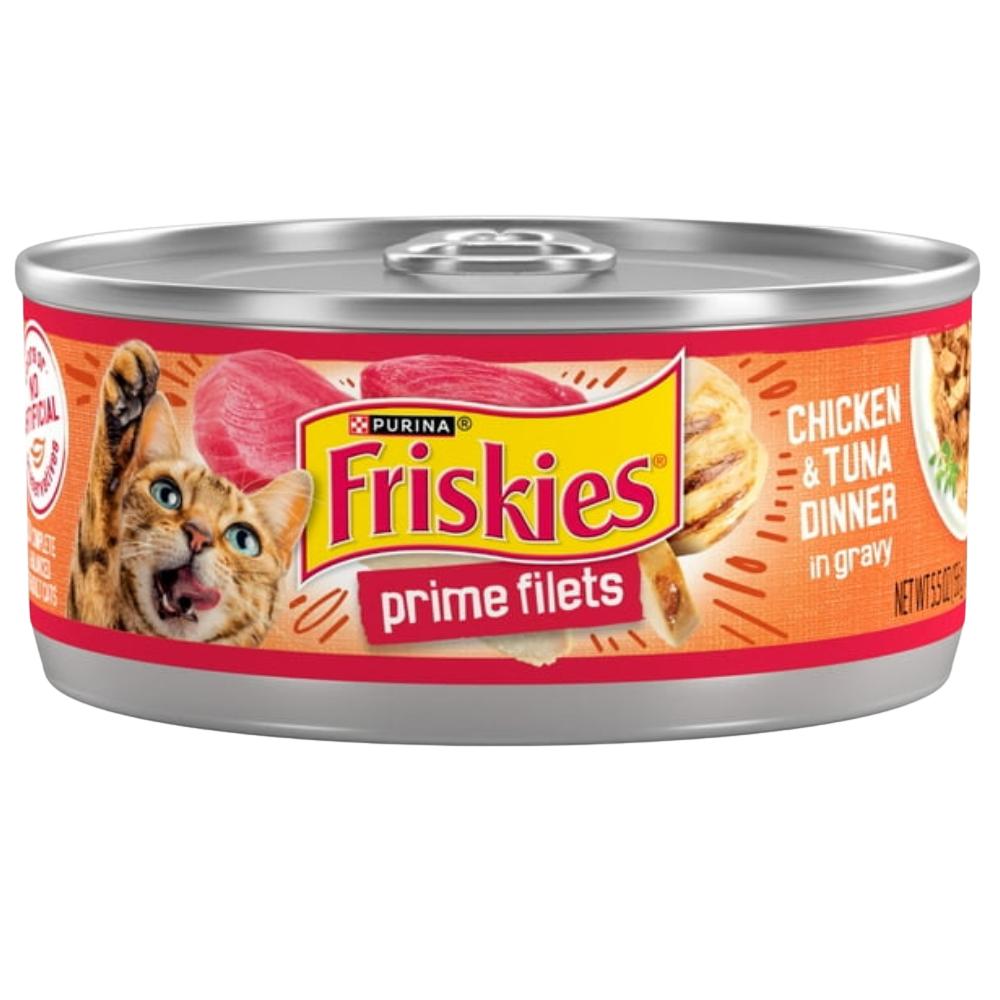 Can of Friskies Prime Filets chicken and tuna dinner in gravy on a white background