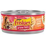 Can of Friskies Prime Filets chicken and tuna dinner in gravy on a white background