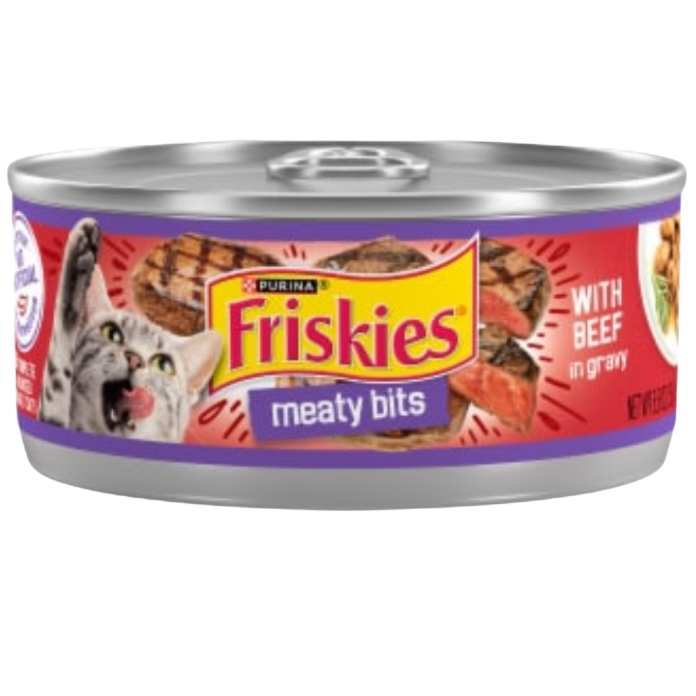 Can of Friskies meaty bits cat food with a purple label on a white background