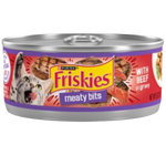 Can of Friskies meaty bits cat food with a purple label on a white background