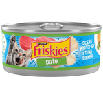 Can of Friskies Ocean Whitefish & Tuna Dinner Pate on a white background