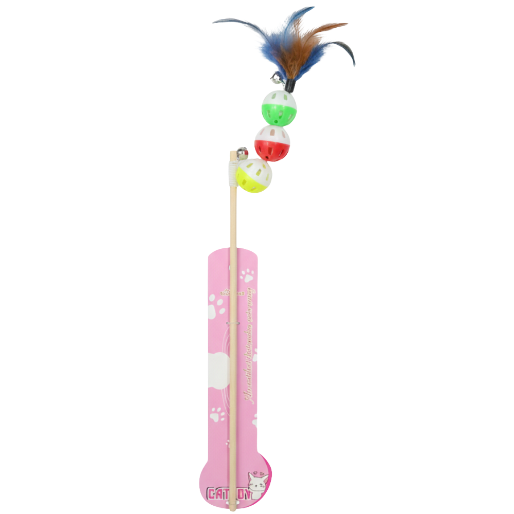 Cat toy with colorful beads and feathers on a white background