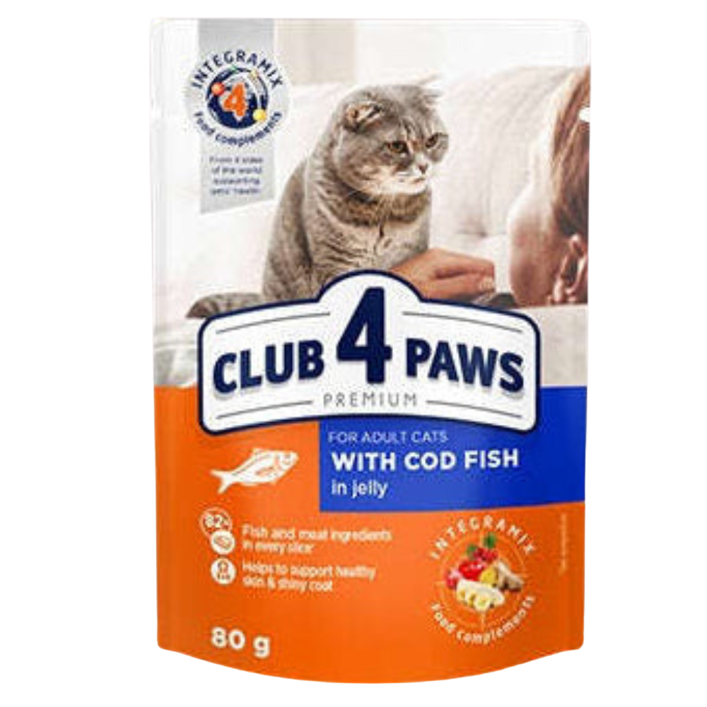 Cat food package with 'Club 4 Paws' branding and a cat on the label.