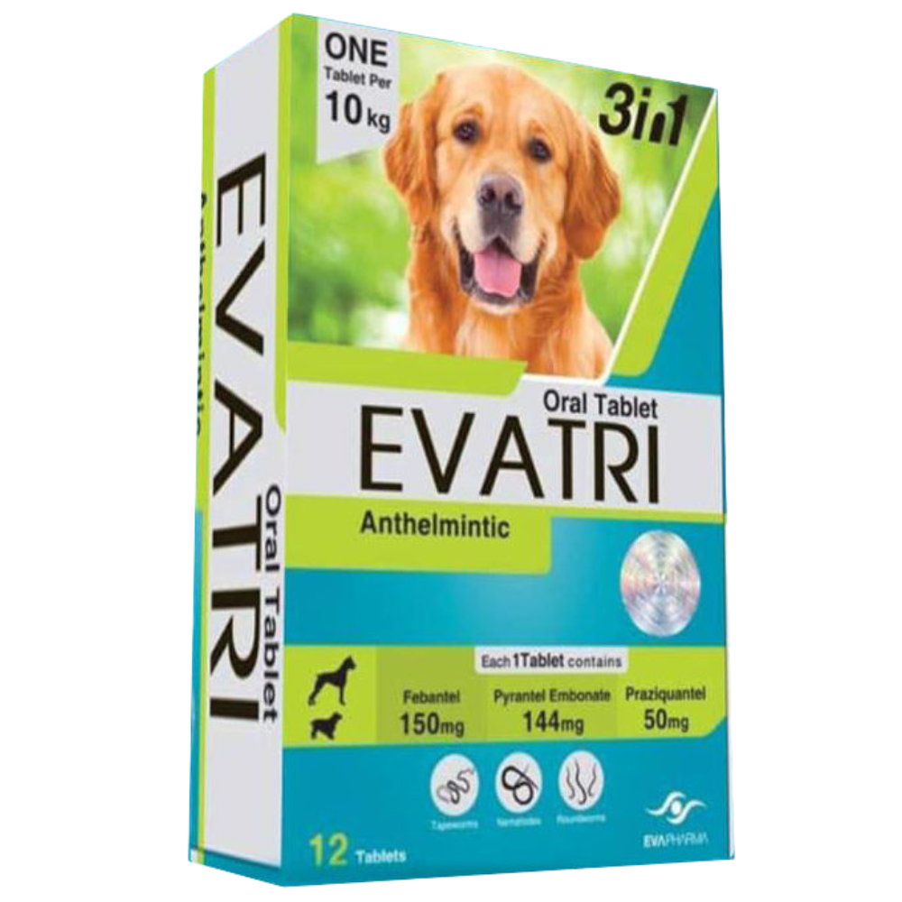 Evatri oral tablet packaging for dogs with a dog on the box