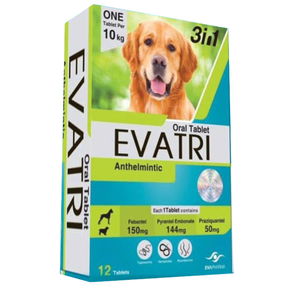 Evatri oral tablet packaging for dogs with a dog on the box