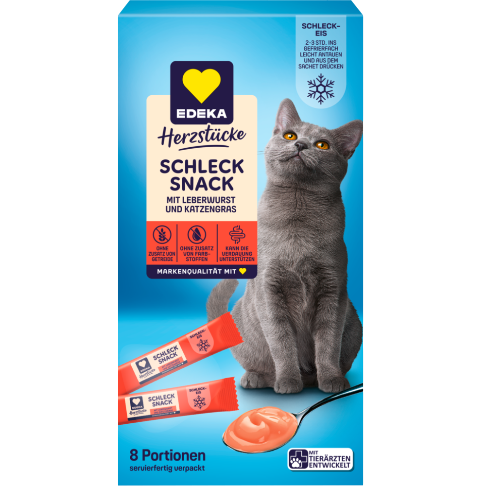 Edeka cat snack packaging with a gray cat on a blue background