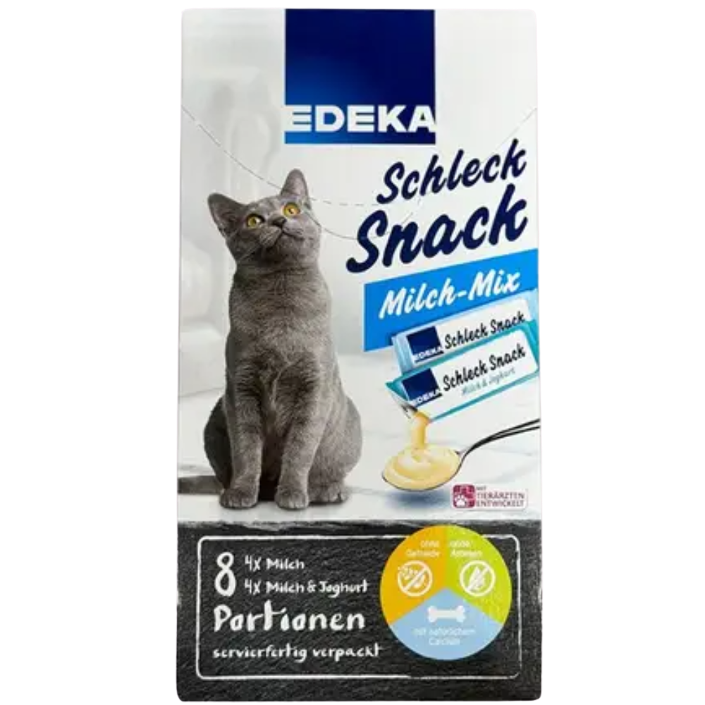 Edeka cat snack package with a gray cat on a white background