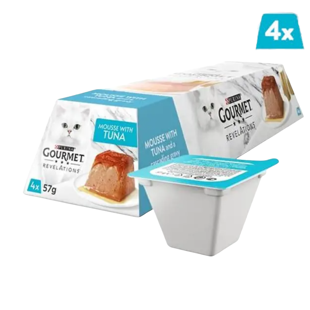 Gourmet Revelations cat food packaging with tuna flavor on a white background