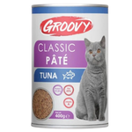 Can of Groovy Classic Pété tuna cat food with a gray cat on the label.