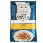 Purina Gourmet Perle cat food packet with a white cat on the label