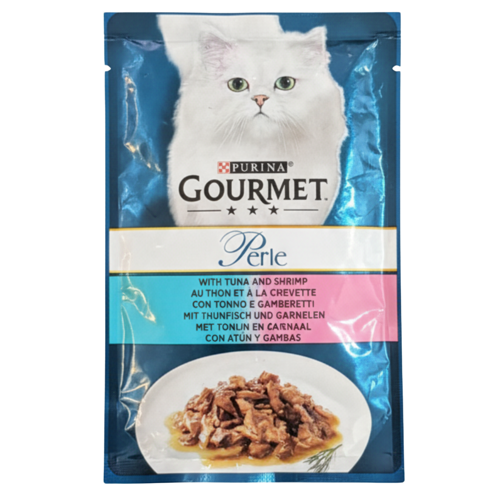 Purina Gourmet Perle cat food package with a white cat on the label