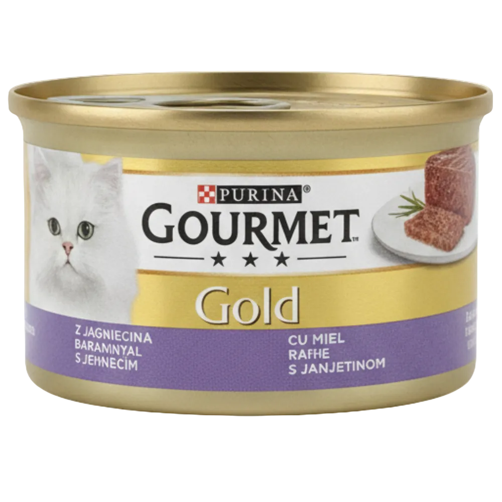 Can of Purina Gourmet Gold cat food on a white background