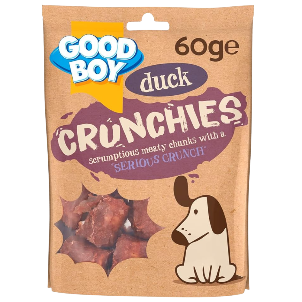 Good Boy Duck Crunchies dog treat package on a white background
