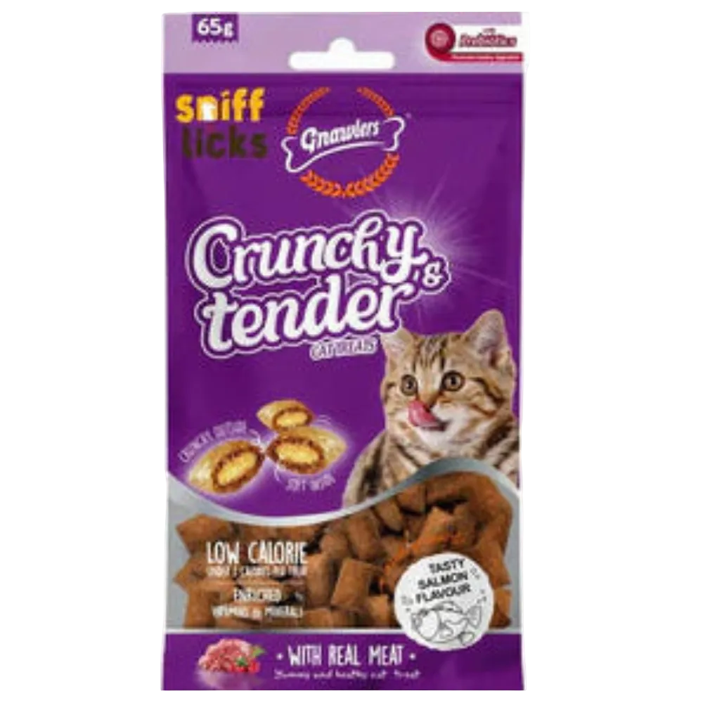 Package of Sniff Licks Crunchy & Tender cat treats with a purple background
