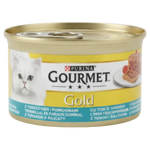 Can of Purina Gourmet Gold cat food on a white background
